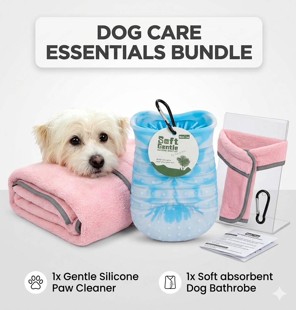 Clean & Practical Bundle: 2 in 1 Paw Cleaner/Brush & Microfiber Absorbent Pet Bathrobe