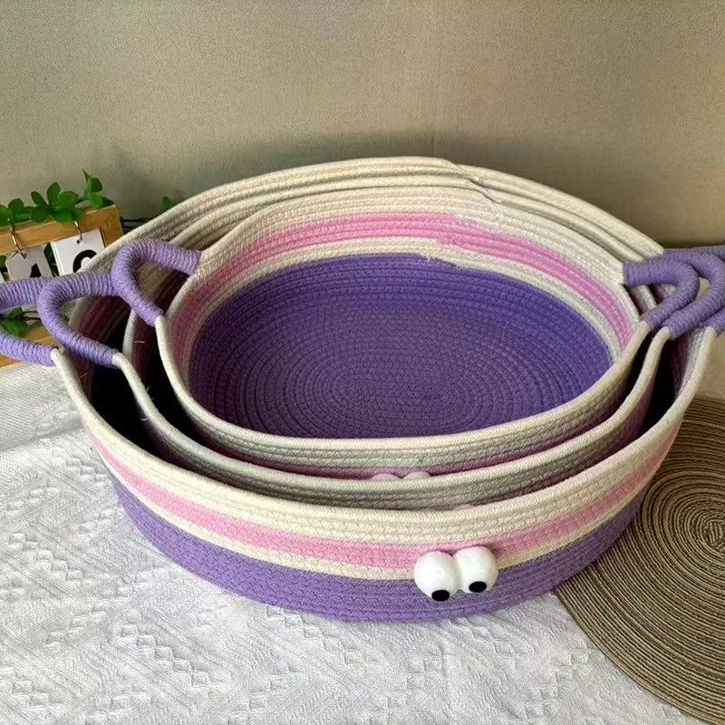 Woven cat bed, big-eyed cute pet bed, suitable for all seasons, scratch-resistant, washable, cotton rope, cool summer bed, cat b