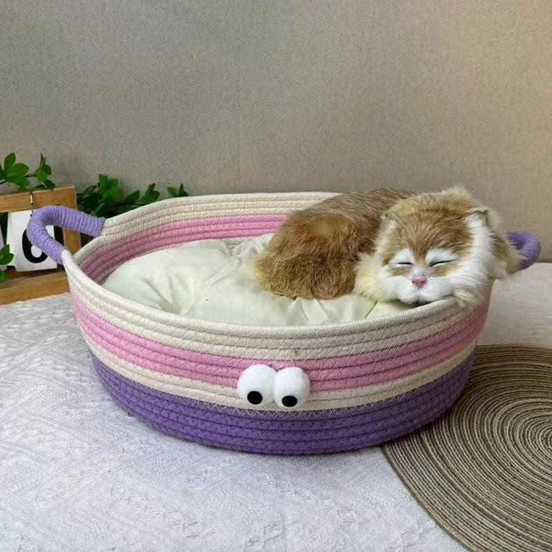Woven cat bed, big-eyed cute pet bed, suitable for all seasons, scratch-resistant, washable, cotton rope, cool summer bed, cat b
