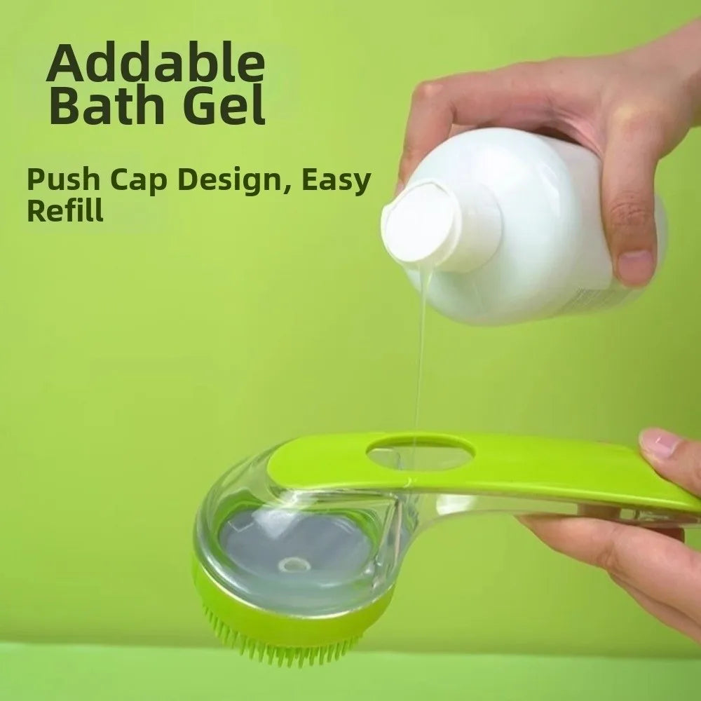 Hair Removal Pet Bath Brush 2 in 1 Design Soap Dispenser Pet Wash Brush Long Handle Soft Silicone Pet Grooming Brush Pet Bathing