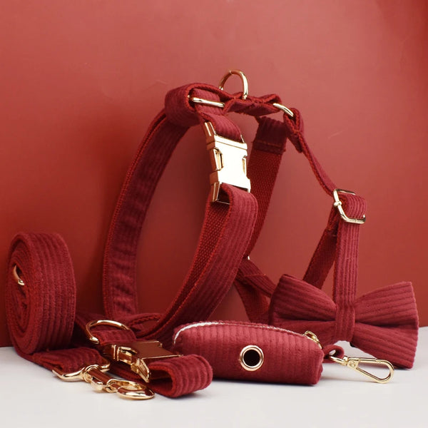 Wine Red Corduroy Dog Collar & Leash Set – Custom Engraved Nameplate for Dogs