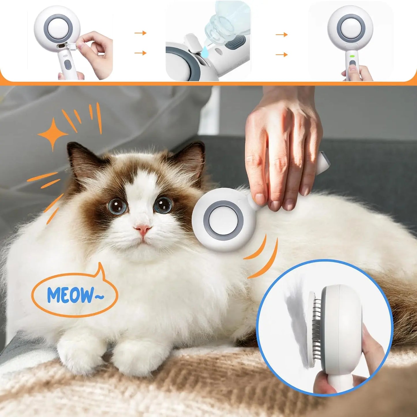 3 in1 Pet Bathing Brush for Cats Spray Massage Pet Brush with Steam Anti-Static Cat Cleaning Grooming Supplies Cat Wool Brush