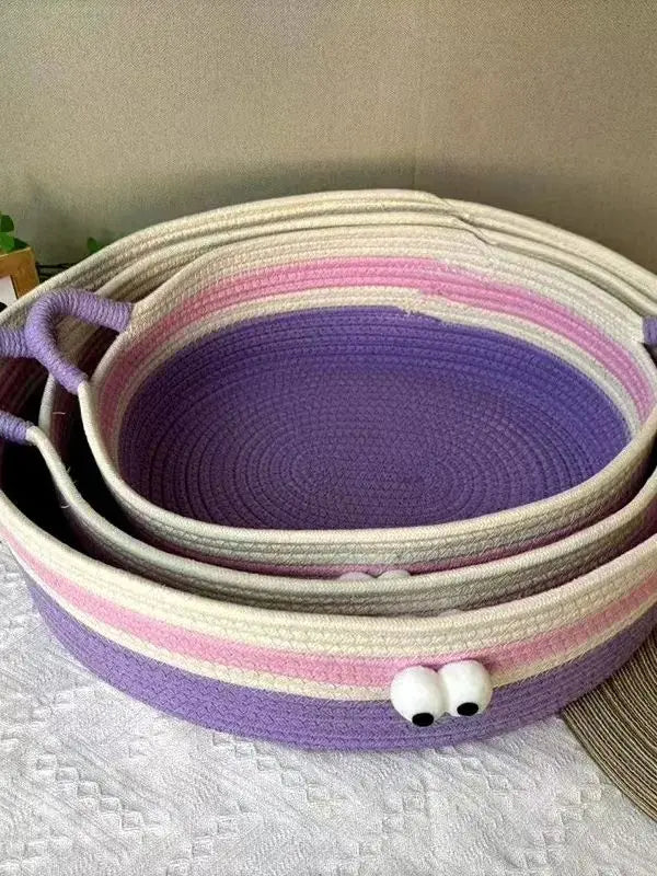 Woven cat bed, big-eyed cute pet bed, suitable for all seasons, scratch-resistant, washable, cotton rope, cool summer bed, cat b