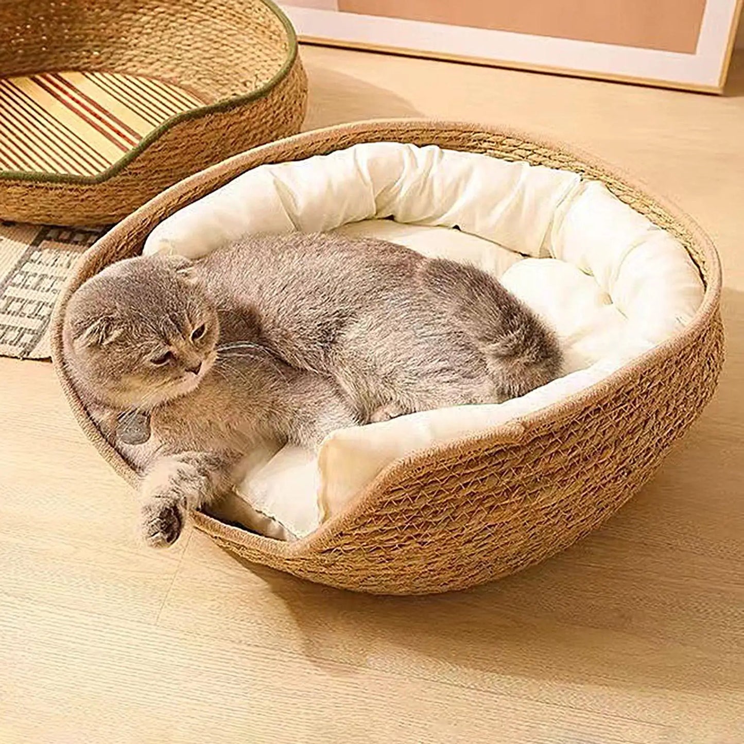 Woven Cat Bed Handmade Vine Woven Cat Nest Seasonal Warmth Pad Cat Bed Cotton Rope Round Bed for Cat Sleep with Pillow