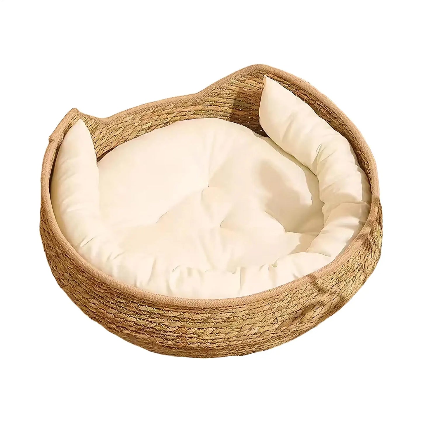 Woven Cat Bed Handmade Vine Woven Cat Nest Seasonal Warmth Pad Cat Bed Cotton Rope Round Bed for Cat Sleep with Pillow