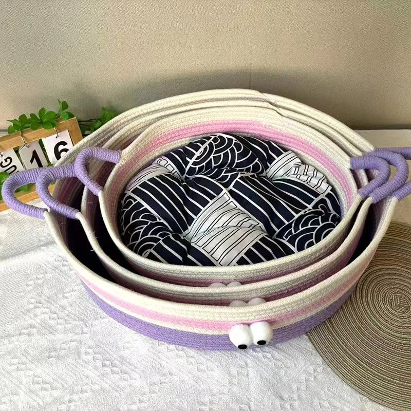 Woven cat bed, big-eyed cute pet bed, suitable for all seasons, scratch-resistant, washable, cotton rope, cool summer bed, cat b