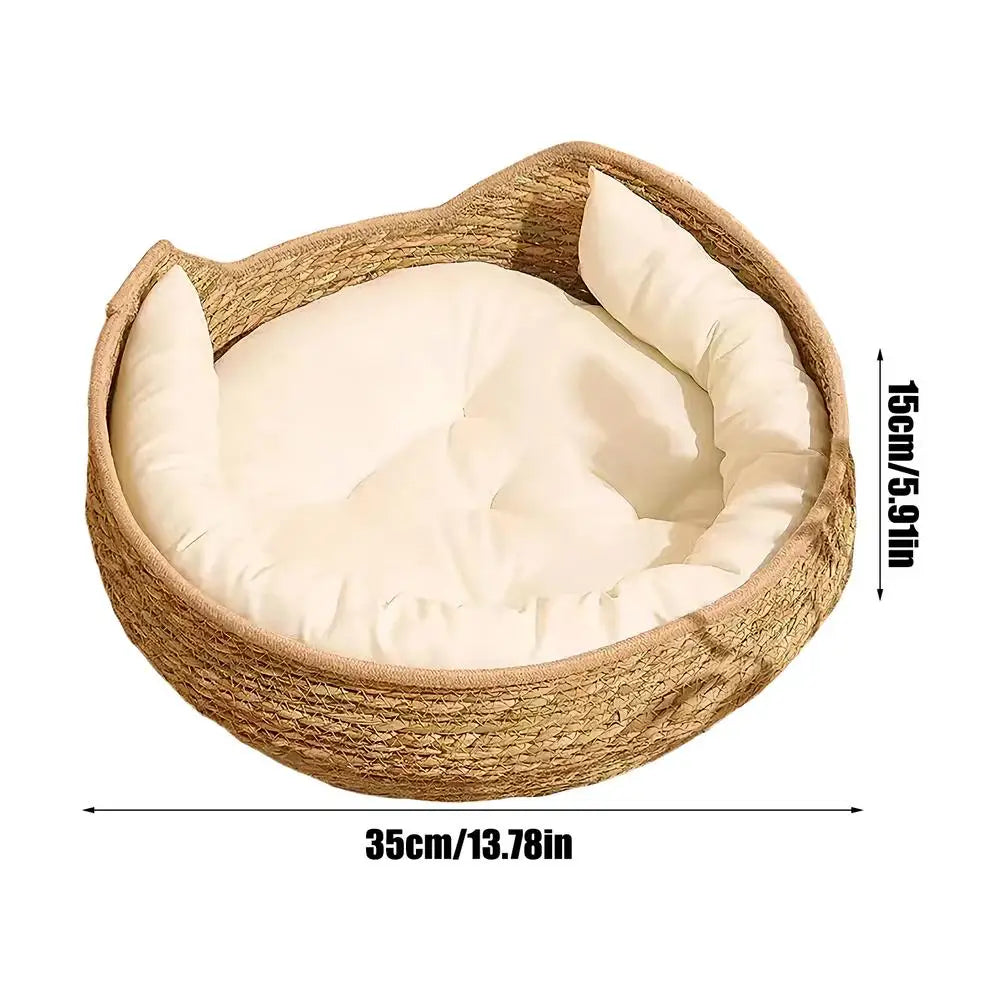 Woven Cat Bed Handmade Vine Woven Cat Nest Seasonal Warmth Pad Cat Bed Cotton Rope Round Bed for Cat Sleep with Pillow