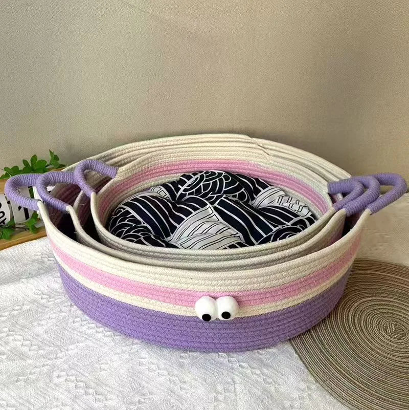 Woven cat bed, big-eyed cute pet bed, suitable for all seasons, scratch-resistant, washable, cotton rope, cool summer bed, cat b