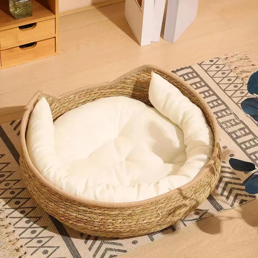 Woven Cat Bed Handmade Vine Woven Cat Nest Seasonal Warmth Pad Cat Bed Cotton Rope Round Bed for Cat Sleep with Pillow